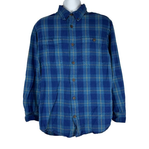 Duluth Trading Co Mens Blue Plaid Flannel Shirt Size Large Trim Fit Long Sleeve - Picture 1 of 4